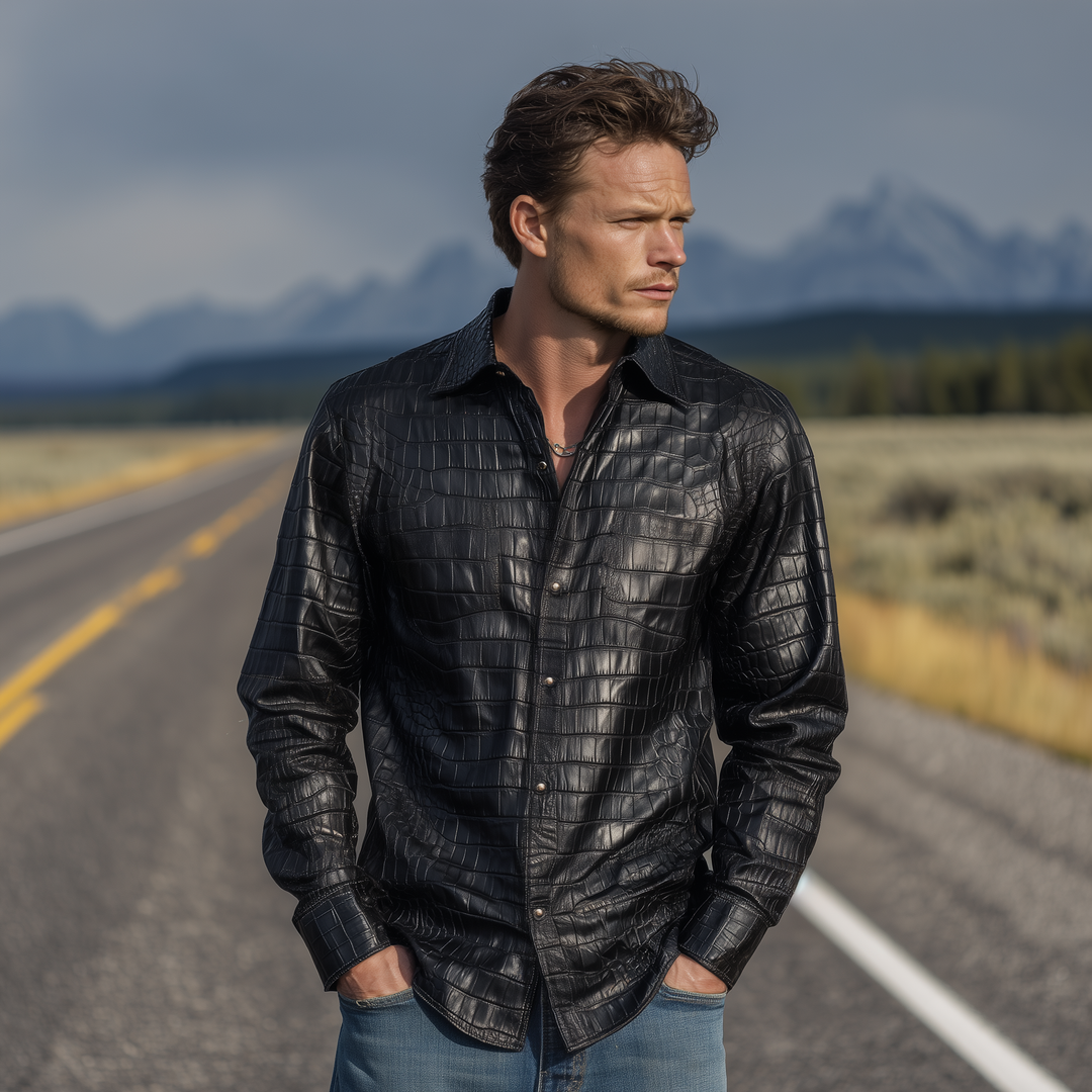Men's Retro Fashion Textured Leather Long Sleeve Shirt DTT25081317