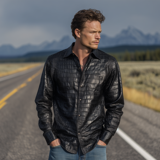 Men's Retro Fashion Textured Leather Long Sleeve Shirt DTT25081317