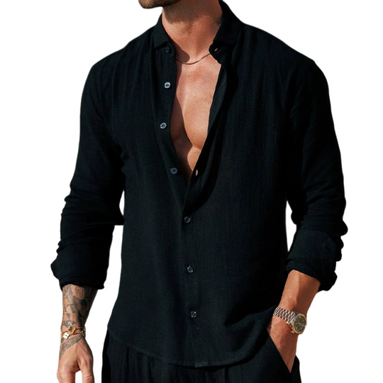 Men's Solid Color Cotton And Linen Lapel Long-sleeved Shirt DTT25090419