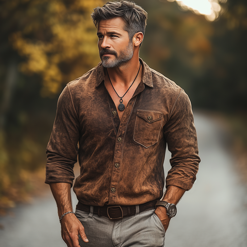 Men's Spring And Autumn Retro Distressed PU Leather Long Sleeve Shirt DTT25082035