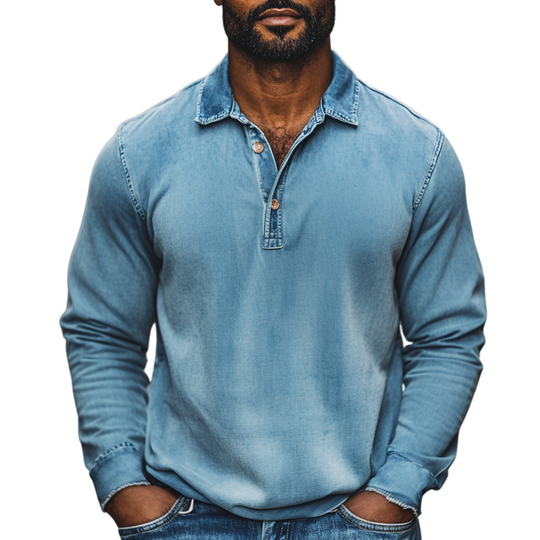 Men's Fashion Distressed Washed Lapel Long Sleeve Denim Polo Shirt 9903250473144