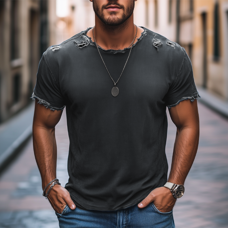 Men's Summer Round Neck Ripped Short Sleeve T-Shirt DTT25073005