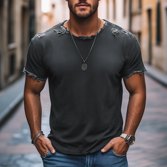 Men's Summer Round Neck Ripped Short Sleeve T-Shirt DTT25073005
