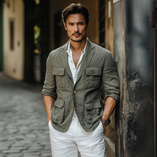 Men's Casual Breathable Linen Cuban Collar Multi-pocket Slim Fit Safari Jacket DTT25060507