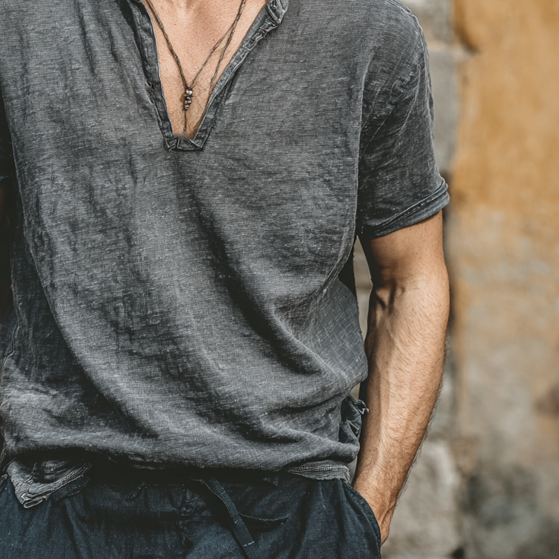 Men's Linen Blend V-Neck Short Sleeve T-Shirt DTT25070313