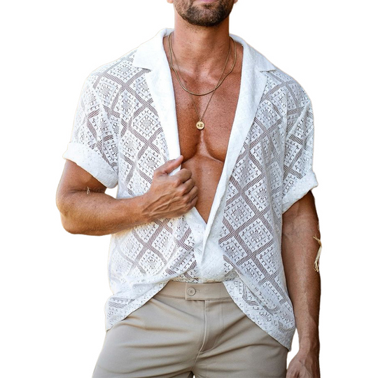 Men's Retro Notch Lapel Knitted Pattern Hollow Short Sleeve Shirt 9901327483064