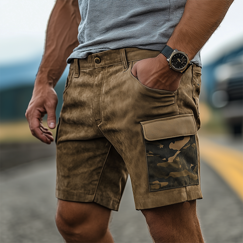 Men's Summer Fashion Casual American Western Tough Guy Style Camouflage Suede Work Shorts DTT25061222