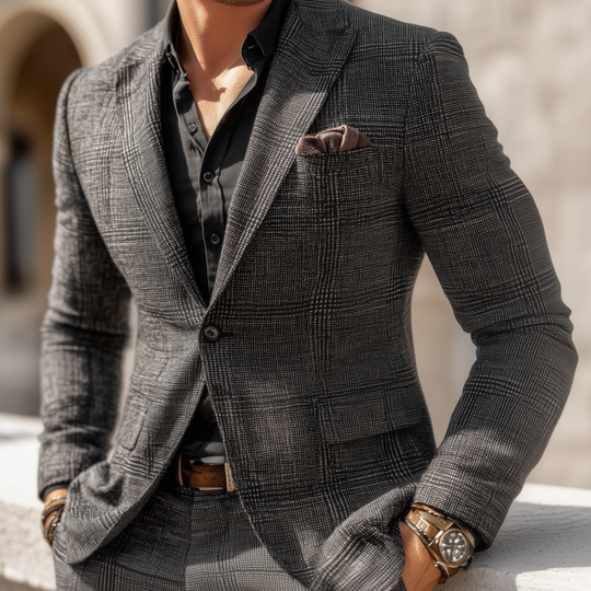Men's Vintage Cotton Blend Plaid Peak Lapel Single-Breasted Slim-Fit Blazer DTT25082508