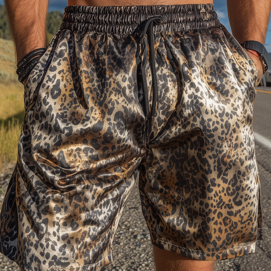 Men's Fashion Casual Leopard Print Satin Elastic Waist Shorts DTT25071708