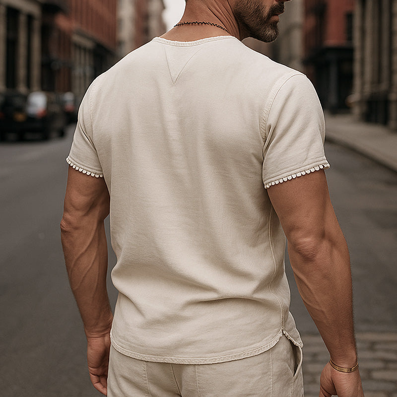 Men's Summer Breathable And Comfortable Linen Lace V-Neck Short-Sleeved T-Shirt DDT25052805