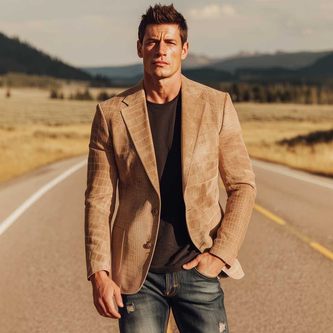 Men's Classic Retro Western Style Textured Matte Leather Single-breasted Slim-fit Blazer DTT25080717
