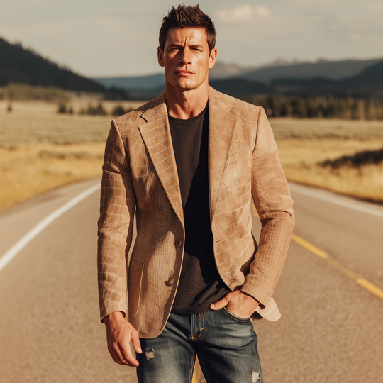 Men's Classic Retro Western Style Textured Matte Leather Single-breasted Slim-fit Blazer DTT25080717
