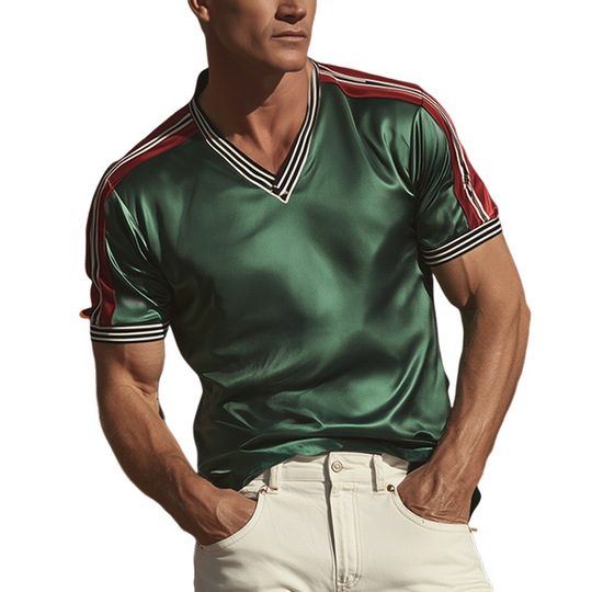 Men's Spring And Summer Fashion Casual Satin Contrast Color Splicing Ribbon V-neck Short Sleeve T-shirt DTT25071107