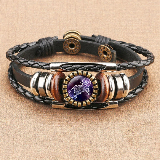 Vintage Twelve Constellations Multilayer PU Leather Bracelet 9888556613816
