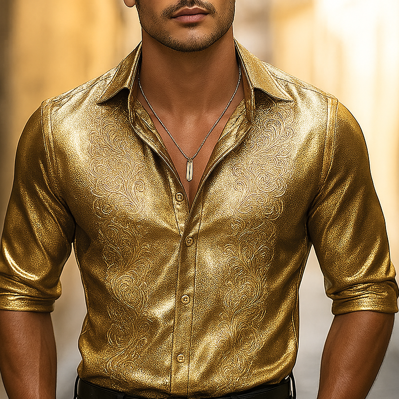 Men's Fashion Metallic Color Lapel Long Sleeve Shirt DTT25062717