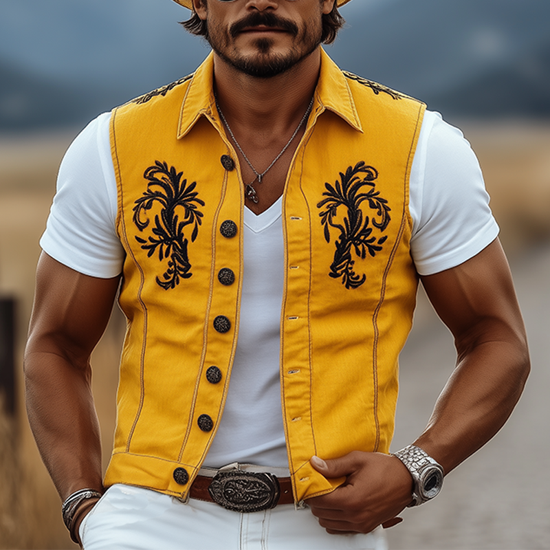 Men's Casual Retro American Western Style Cotton And Linen Embroidered Lapel Slim Fit Single-breasted Vest DTT25061718