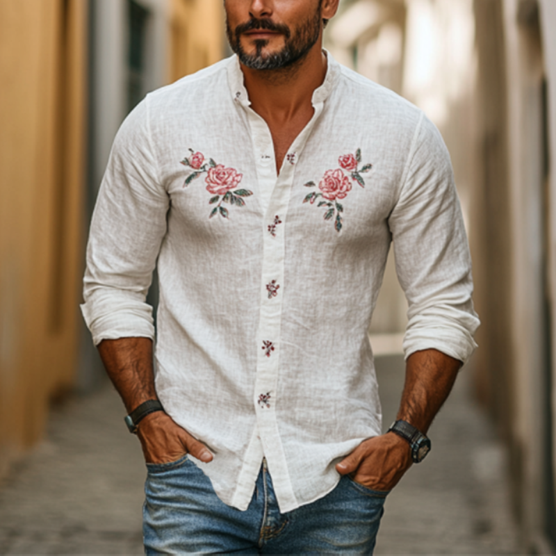 Men's Vintage Stand Collar Rose Embroidery Linen Long Sleeve Shirt 9892391715000