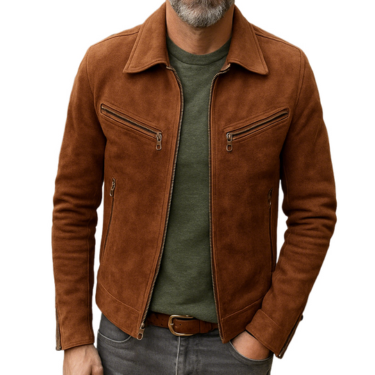 Men's Casual Retro Style Solid Color Suede Zipper Lapel Jacket DTT25081319