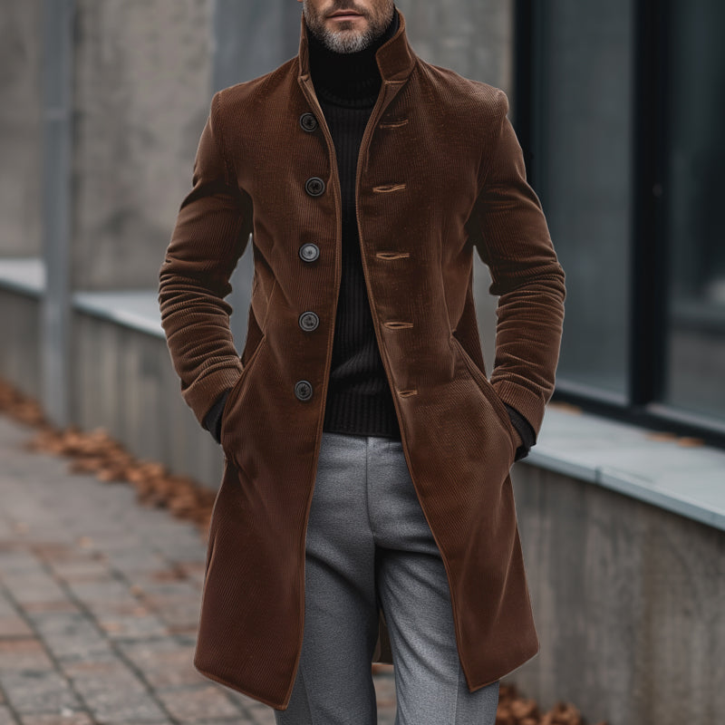 Men's Vintage Elegant Solid Color Corduroy Stand Collar Single Breasted Slim Fit Coat DTT25080619