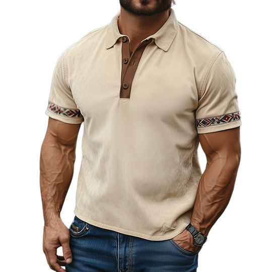 Men's Fashion Casual American Retro Western Tough Style Thin Suede Cuff Embroidery Slim Short-sleeved Polo Shirt DTT25061323