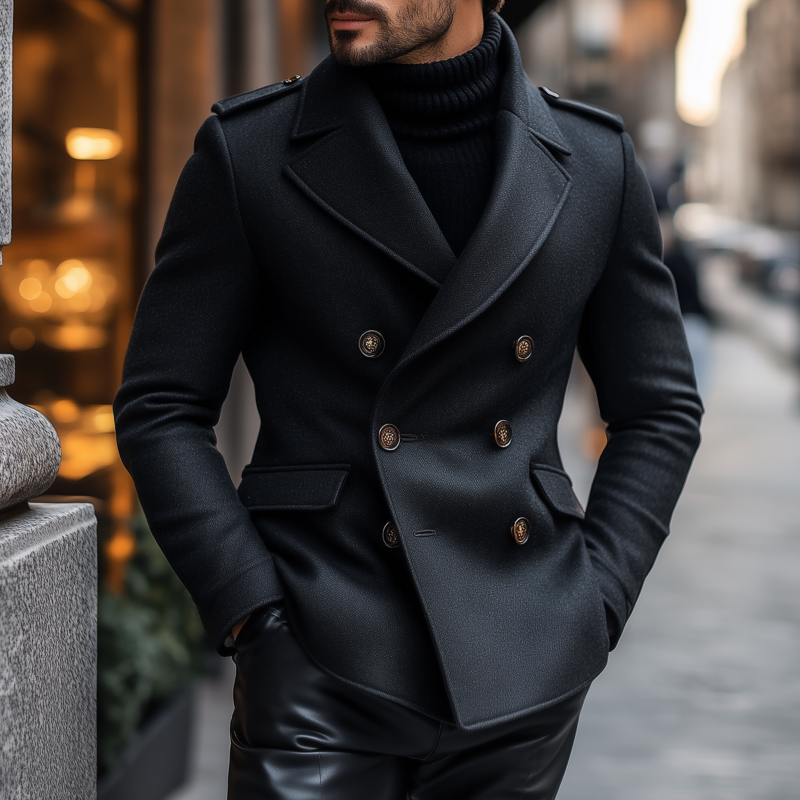 Men's Vintage Solid Color Wool Blend Notch Lapel Double-breasted Slim Fit Warm Peacoat DTT25082203