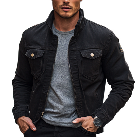 Men's Black Cotton Solid Stand Collar Jacket DTT25082513