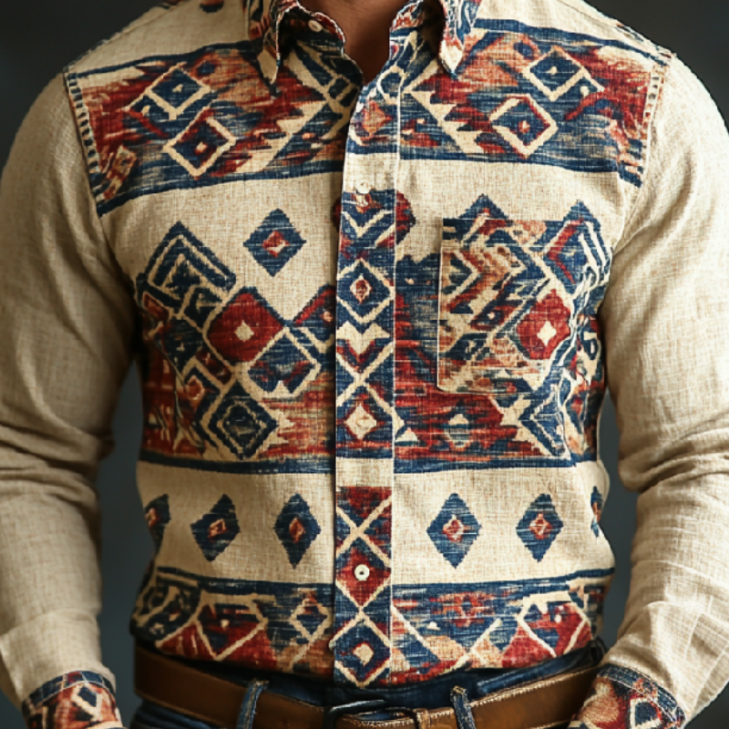 Men's Retro Lapel Printed Cotton and Linen Long Sleeve Shirt 9904629973176