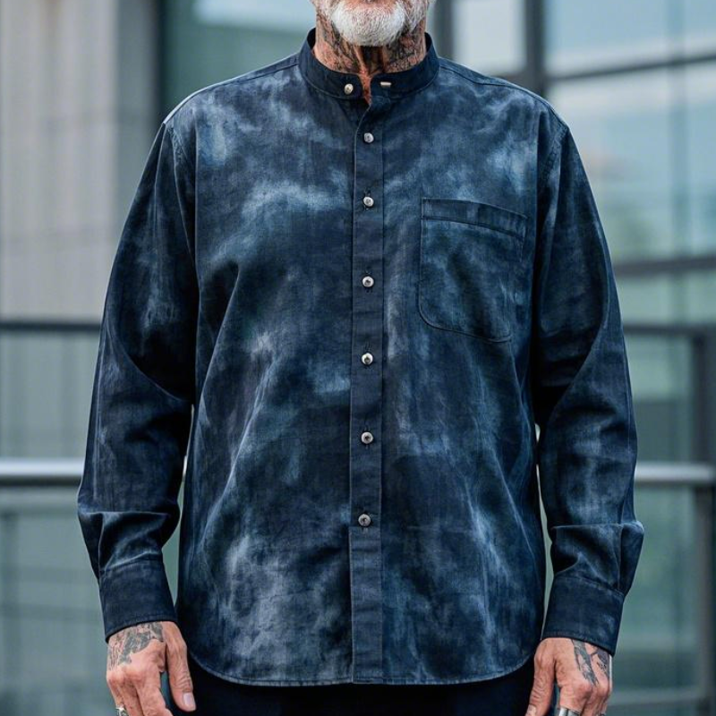 Men's Casual Vintage Stand-up Collar Tie-dye Printed Cotton Blend Long-sleeved Shirt 9912947703992