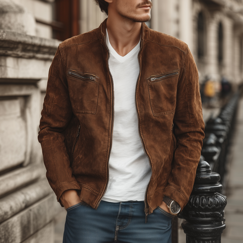 Men's Vintage Faux Suede Stand Collar Zipper Placket Slim Fit Multi-Pocket Cargo Jacket DTT25082507