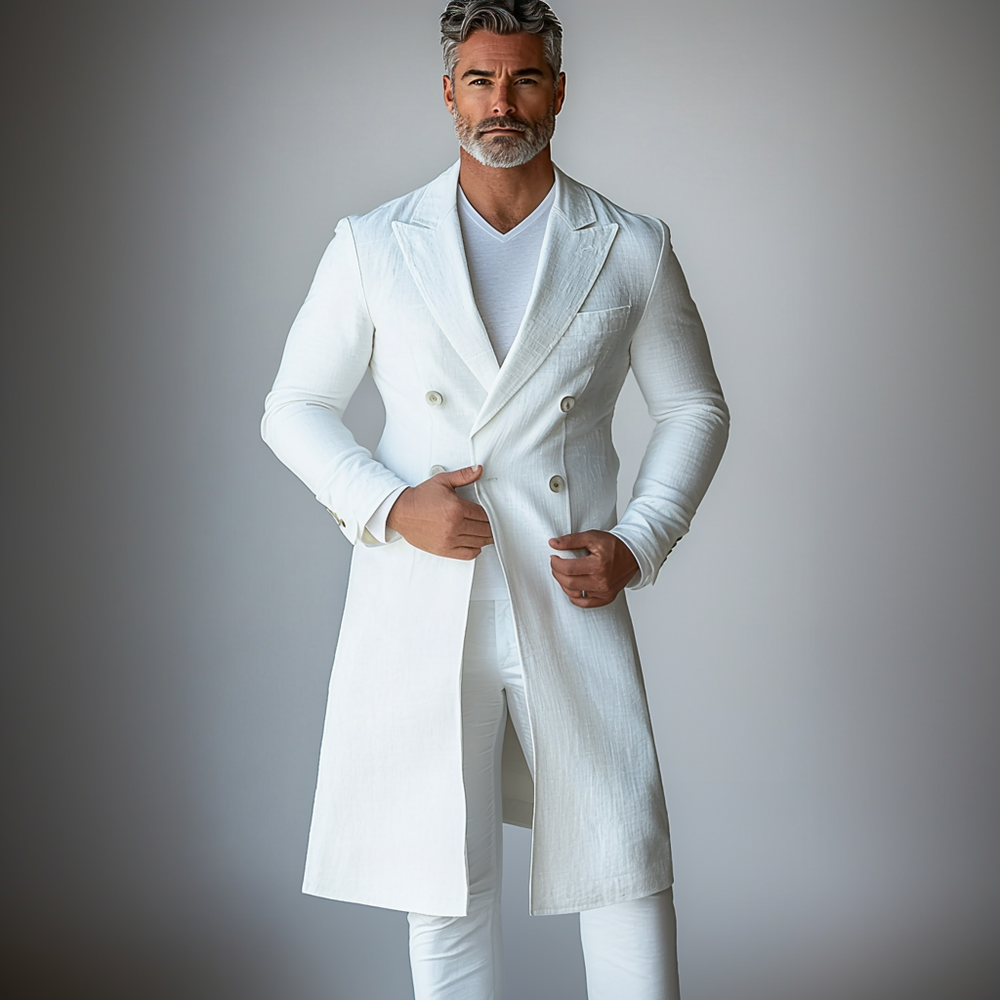 Men's Solid Peaked Lapel Double Breasted Long Sleeve Knee Length Coat 9951401476280