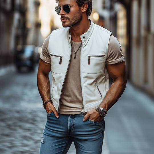Men's Classic Retro American Casual Stand Collar Multi-Pocket Leather Motorcycle Vest 9909010563256
