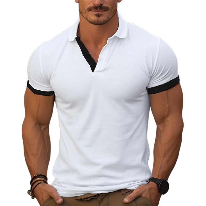 Men's Contrast Color Cotton Blend Short Sleeve Polo Shirt DTT25072409