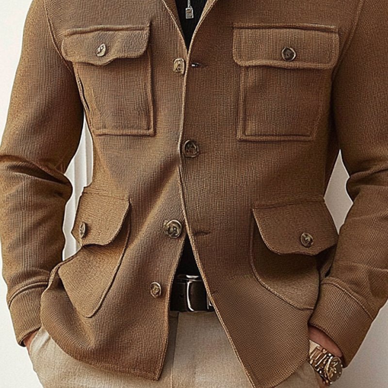 Men's Blended Multi-pocket Solid Color Lapel Jacket DTT25082516