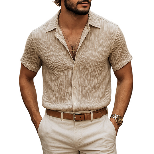 Men's Solid Pleated Textured Lapel Short Sleeve Shirt DTT25070407