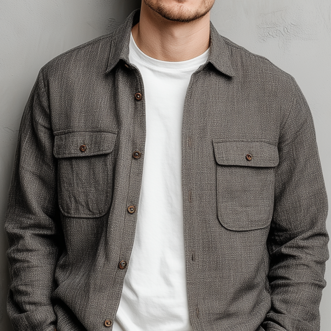 Men's Classic Casual Cotton And Linen Blended Color Textured Pocket Long Sleeve Shirt DTT25080113