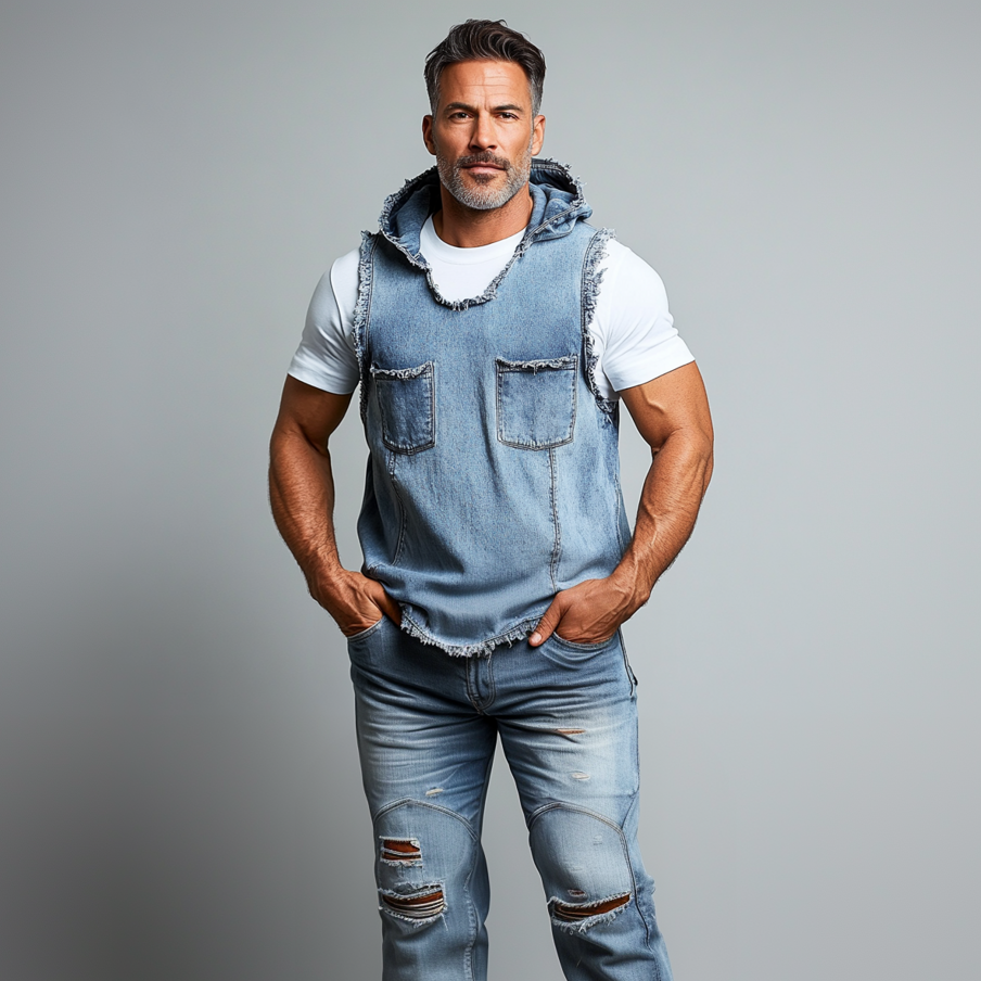Men's Denim Raw Edge Chest Pocket Sleeveless Hooded Vest 9903588180152