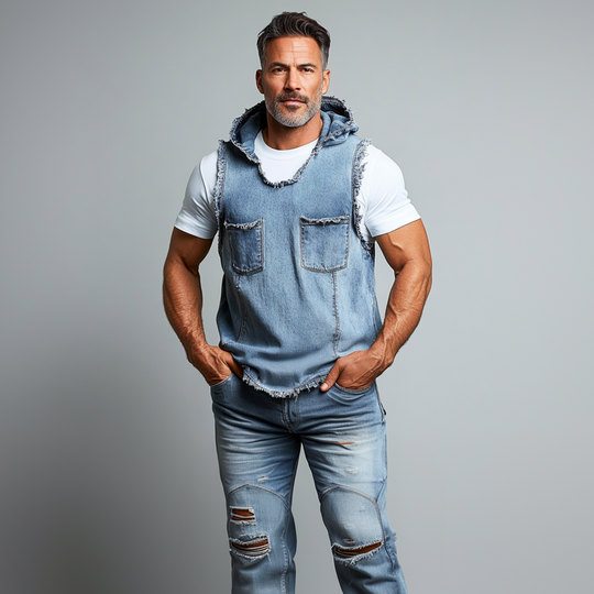 Men's Denim Raw Edge Chest Pocket Sleeveless Hooded Vest 9903588180152