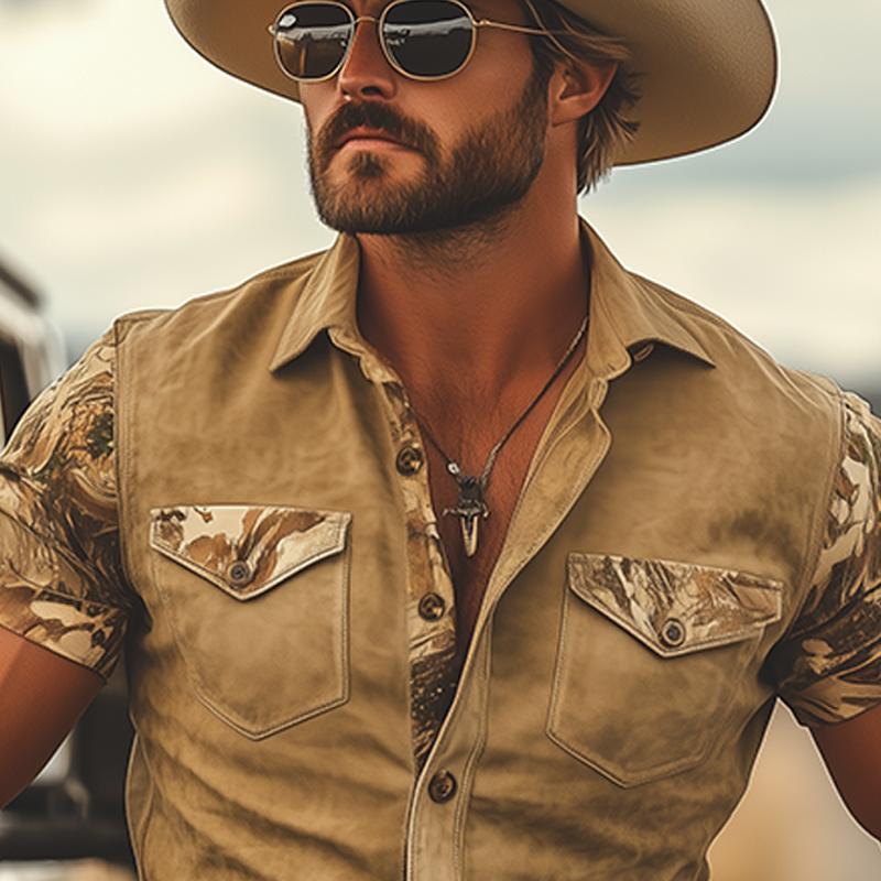 Men's Fashion Casual Western Tough Style Thin Suede Stitching Camouflage Slim Short-sleeved Shirt DTT25061603