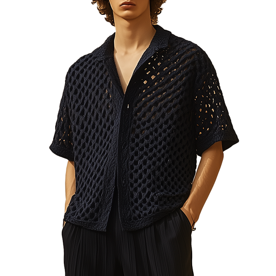 Men's Summer Fashion Crochet Hollow Short Sleeve Shirt DTT25070107