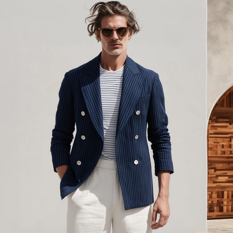 Men's Stylish Cotton Blend Striped Notch Lapel Double-breasted Slim-fit Blazer DTT25081420