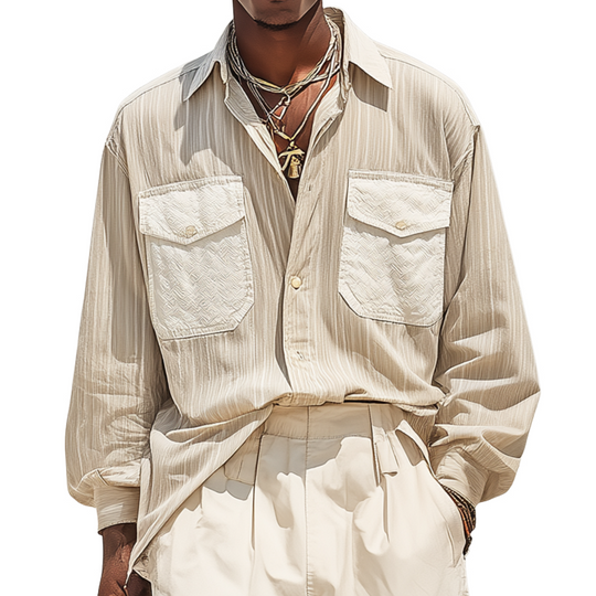Men's Fashion Breathable Striped Textured Fabric Patchwork Lapel Chest Pocket Loose Long Sleeve Shirt DTT25070920