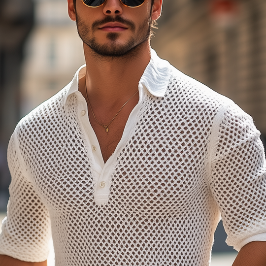 Men's Solid Knit Hollow Out Lapel Long Sleeve Polo Shirt DTT25070813