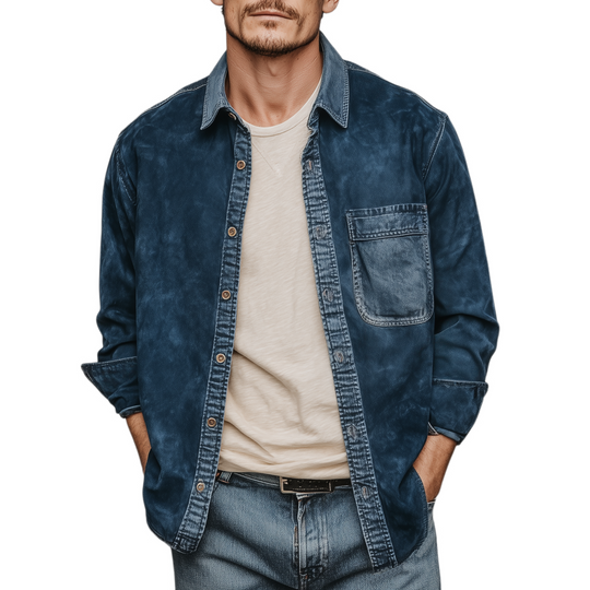 Men's Fashion Casual Thin Suede Splicing Denim Washed Long Sleeve Shirt DTT25072402