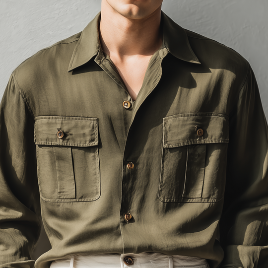 Men's Classic Casual Cupro Lapel Pocket Long Sleeve Shirt DTT25080120