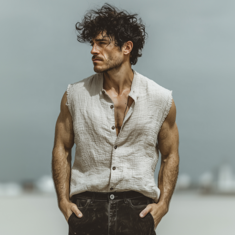 Men's Casual Solid Color Breathable Pleated Cotton Stand Collar Loose Raw Edge Sleeveless Shirt DTT25062619