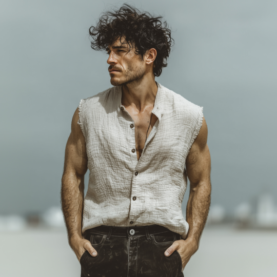 Men's Casual Solid Color Breathable Pleated Cotton Stand Collar Loose Raw Edge Sleeveless Shirt DTT25062619