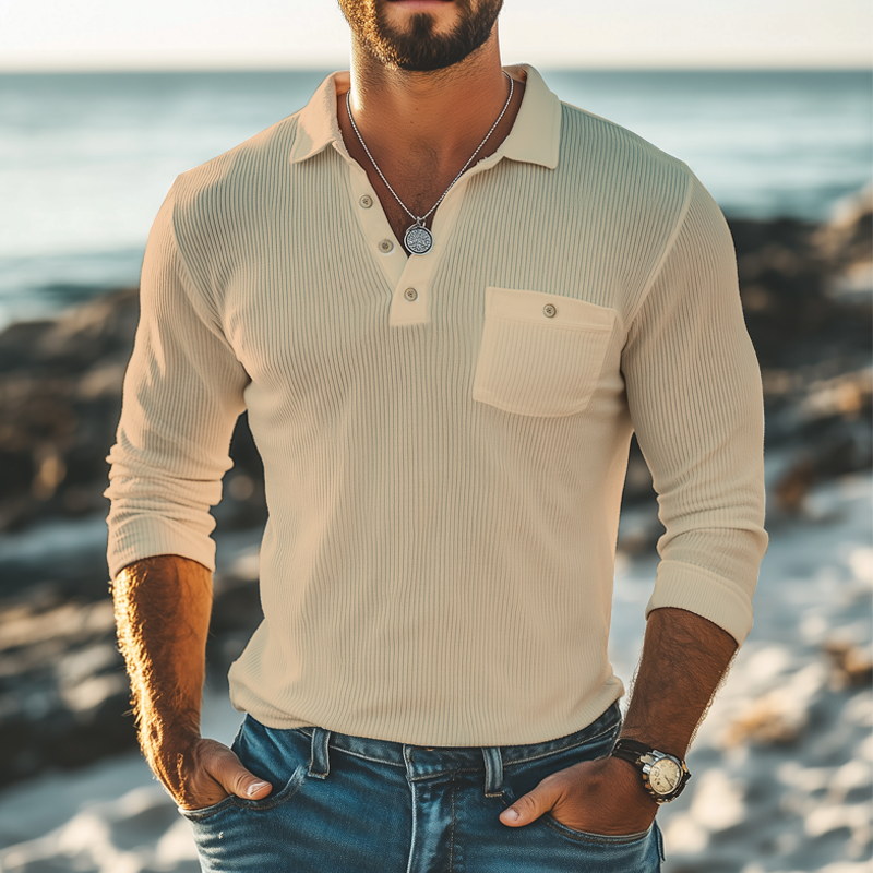 Men's Basic Striped Knitted Long Sleeve POLO Shirt DTT25073006