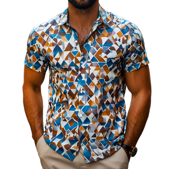 Men's Retro Casual Geometric Print Lapel Short Sleeve Shirt 9911546249400