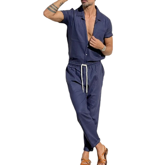 Men's Casual Cotton Cuban Collar Short Sleeve Shirt Elastic Waist Straight Leg Pants Set 9907264553144