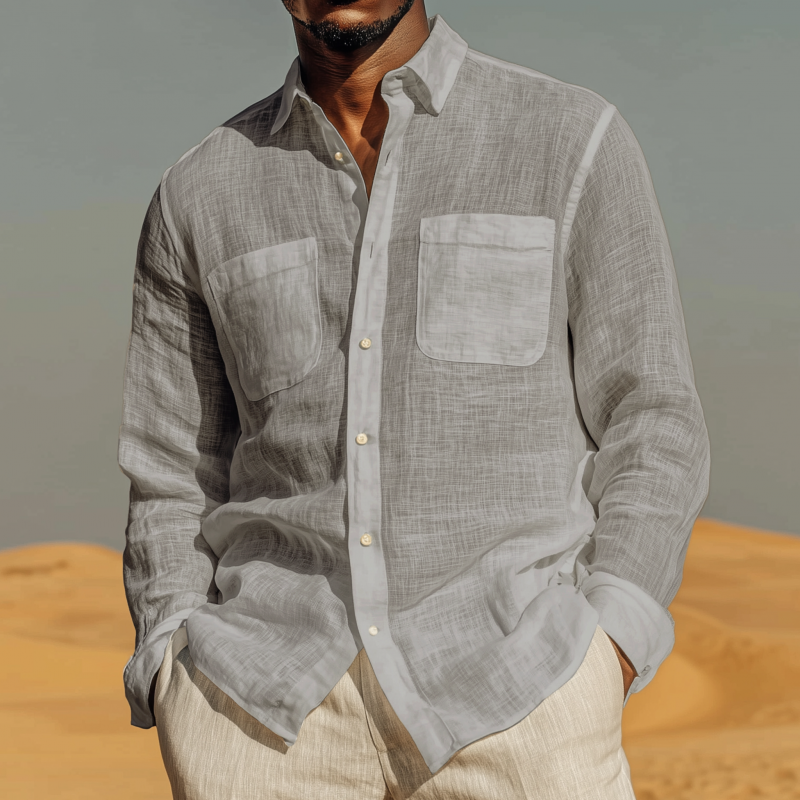 Men's Casual Solid Color Breathable Linen Lapel Patch Pocket Loose Long Sleeve Shirt DTT25070913